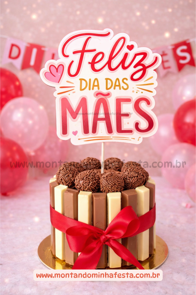 Topo de bolo Dia das Mães com frase “Feliz Dia das Mães” em bolo decorado com chocolates e laço vermelho em cenário com balões