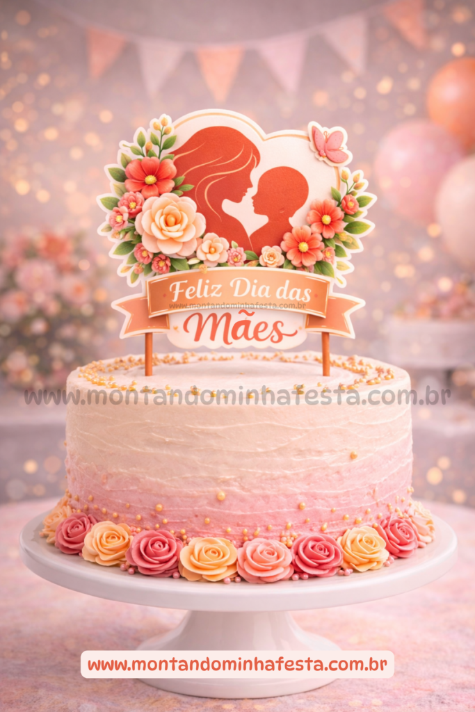 Bolo decorado para Dia das Mães com topo personalizado de mãe e filho e flores em tons de rosa