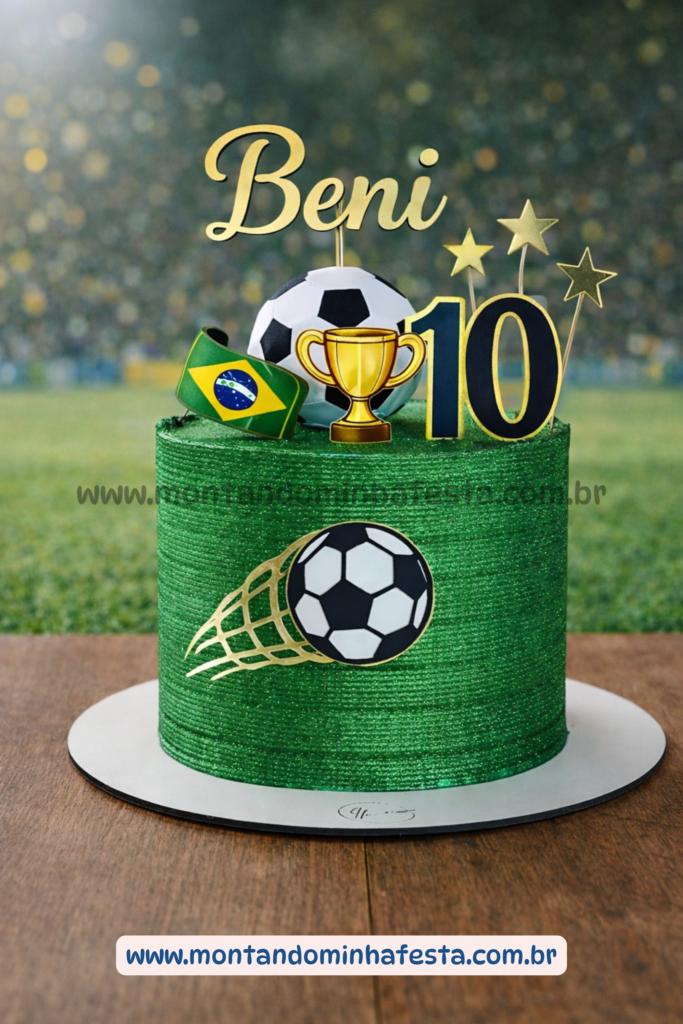 Bolo tema futebol copa verde com topper personalizado nome Beni e idade 10, decoração com bola, troféu e elementos dourados sobre mesa