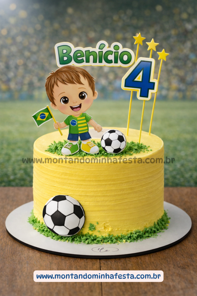 Bolo infantil tema futebol com nome Benício 4 anos, decoração em amarelo com topper de menino, bola de futebol e detalhes em verde