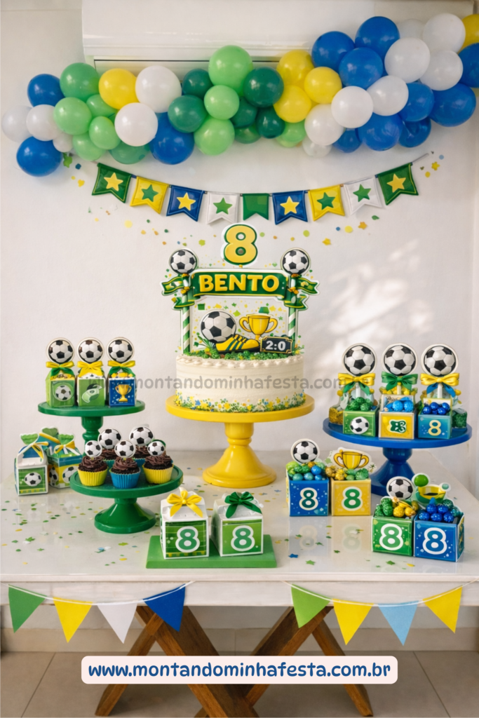 Decoração festa tema futebol simples com nome Bento e número 8, mesa com bolo, cupcakes e lembrancinhas nas cores verde, amarelo, azul e branco