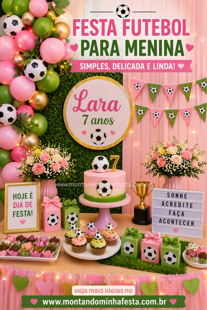 Festa tema futebol para menina simples com decoração verde e rosa, mesa com bolo, lembrancinhas e painel delicado para aniversário infantil