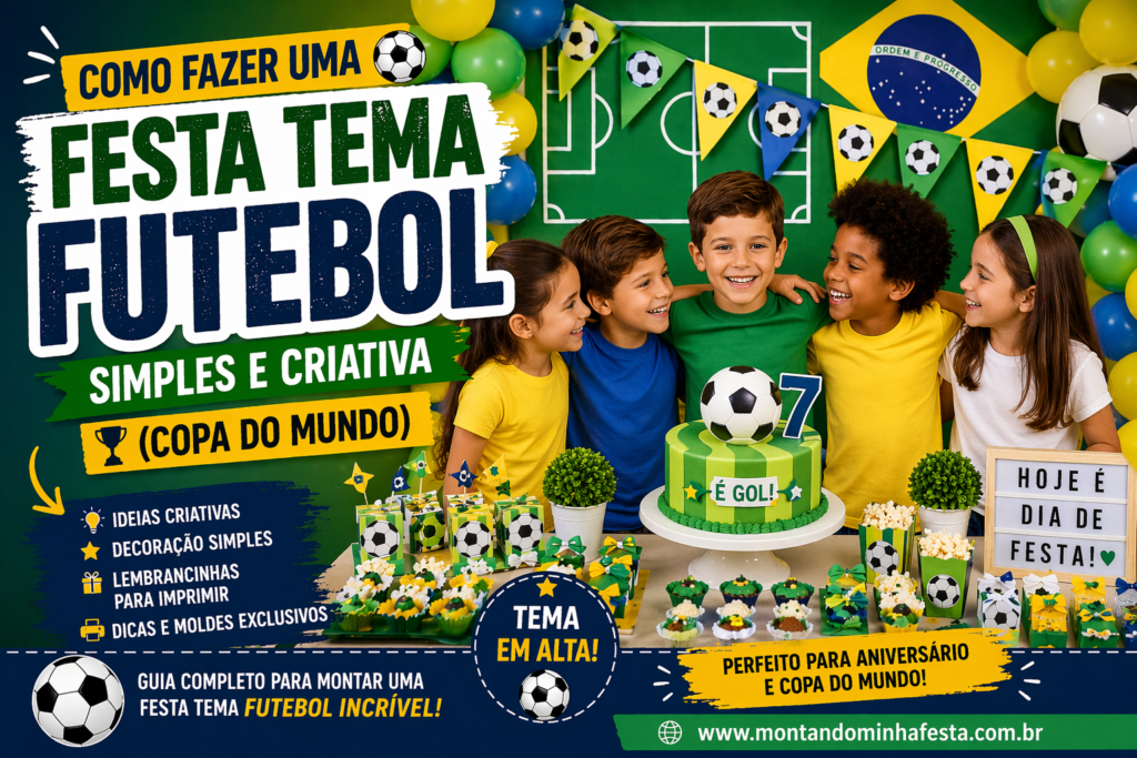 Festa tema futebol simples com decoração verde e amarelo, crianças ao redor da mesa com bolo e lembrancinhas para aniversário estilo Copa do Mundo