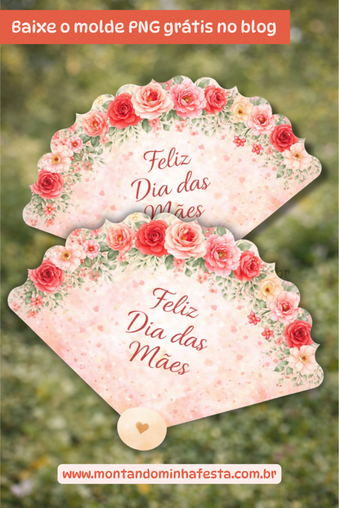 Leque dia das mães floral para imprimir sendo segurado na mão com fundo de jardim desfocado