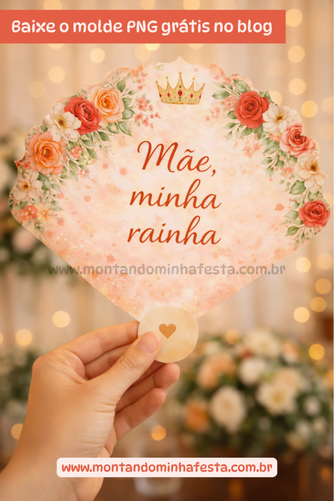 Leque dia das mães mãe minha rainha para imprimir modelo floral sendo segurado na mão