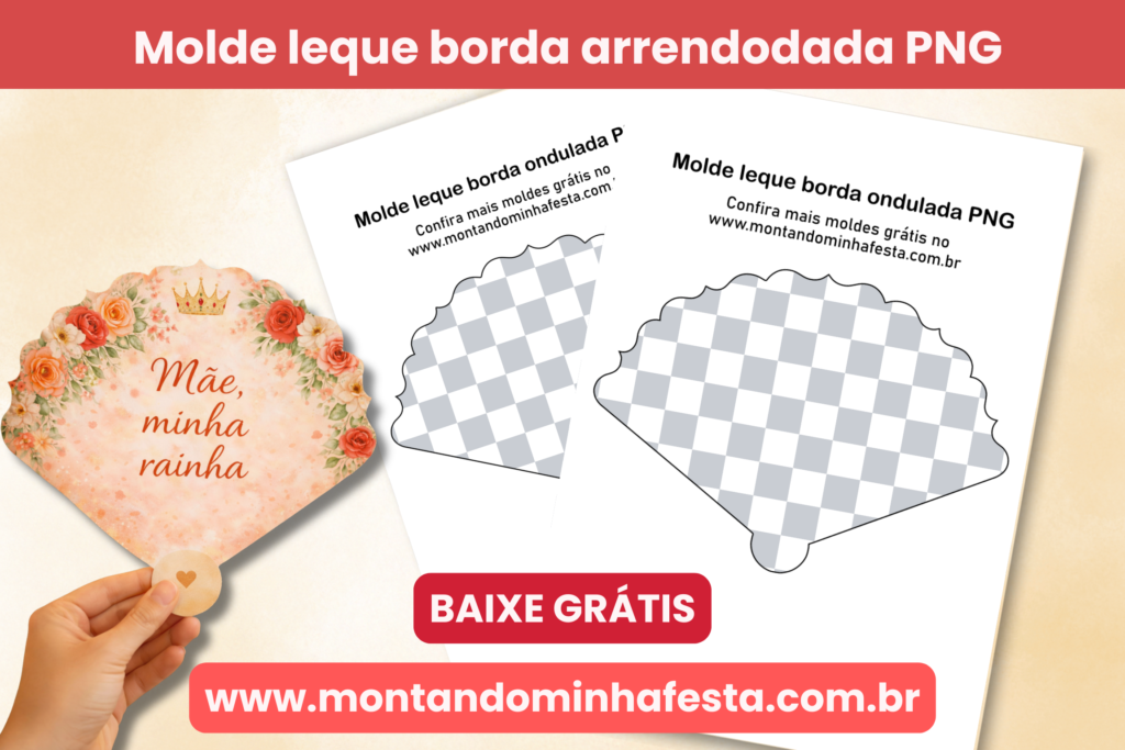 Molde leque borda ondulada PNG para imprimir com exemplo personalizado dia das mães