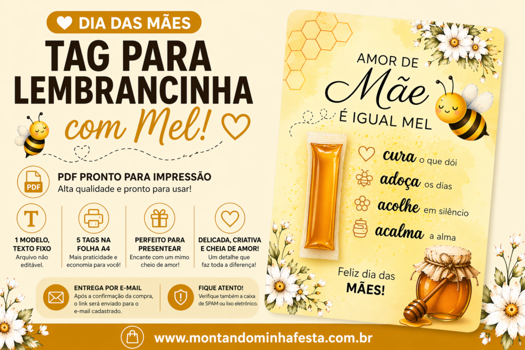 Banner de tag Dia das Mães para lembrancinha com mel em PDF para imprimir, cartão com abelha, flores e espaço para melzinho