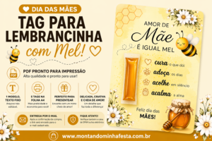 Banner de tag Dia das Mães para lembrancinha com mel em PDF para imprimir, cartão com abelha, flores e espaço para melzinho