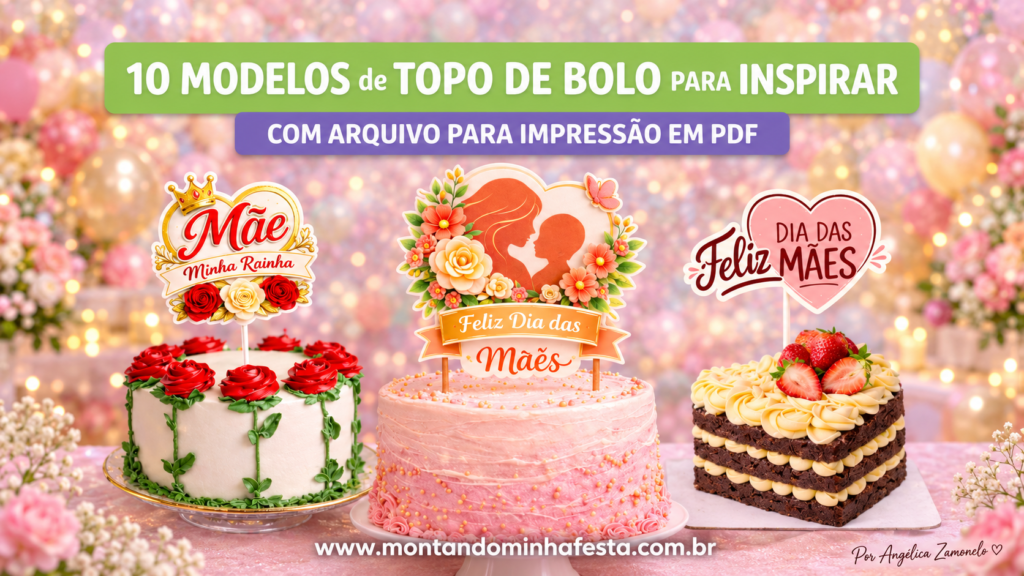 Três bolos decorados com topos de Dia das Mães, com flores, coração e ilustração de mãe com filho, em banner de 10 modelos para imprimir em PDF.