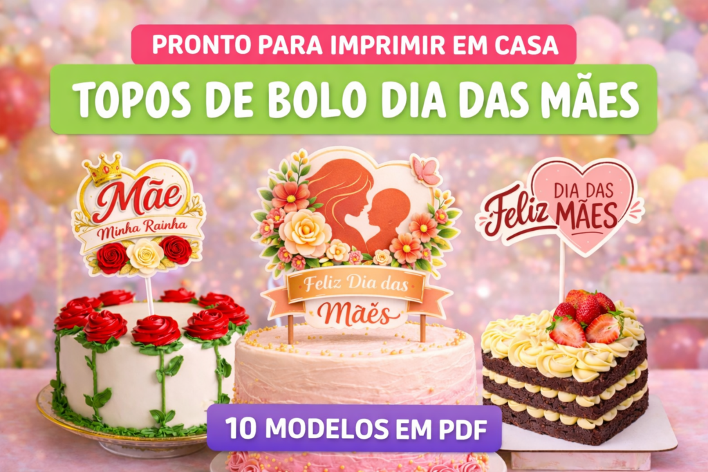 Topos de bolo Dia das Mães prontos para imprimir em casa com 10 modelos em PDF, incluindo bolos decorados com toppers criativos e delicados para comemoração