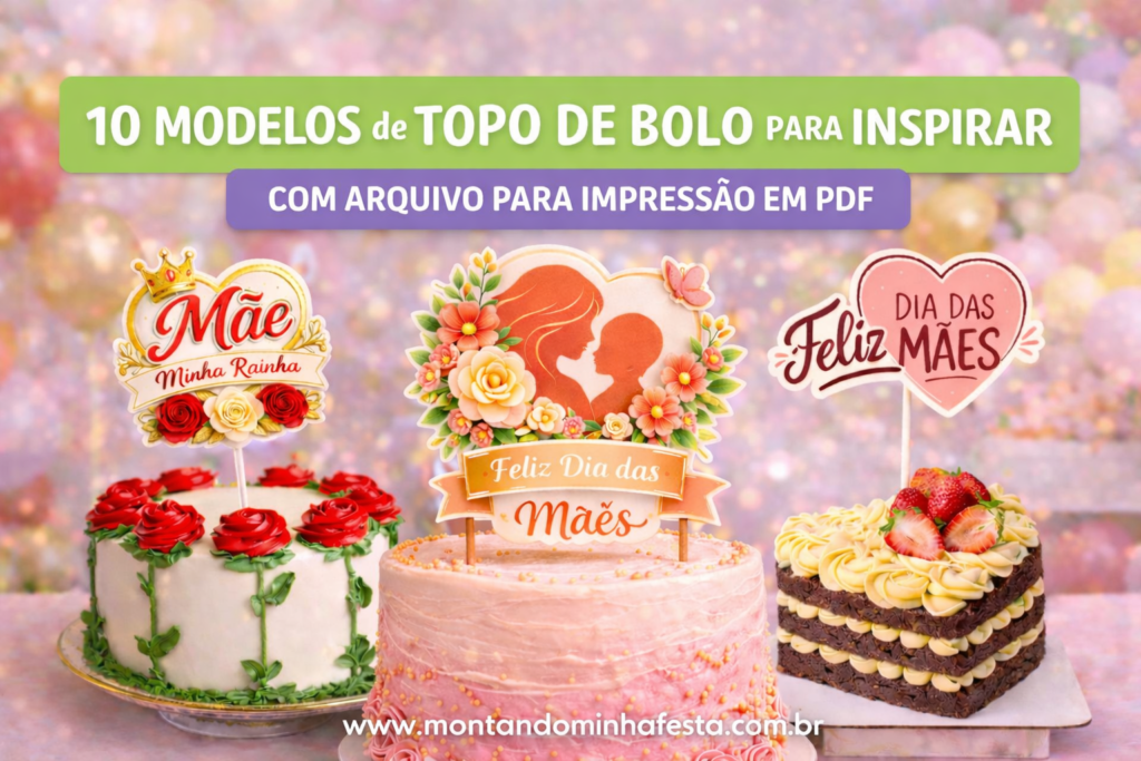 Topos de bolo Dia das Mães para imprimir com 10 modelos em PDF, bolos decorados com toppers criativos e delicados para celebrar o Dia das Mães