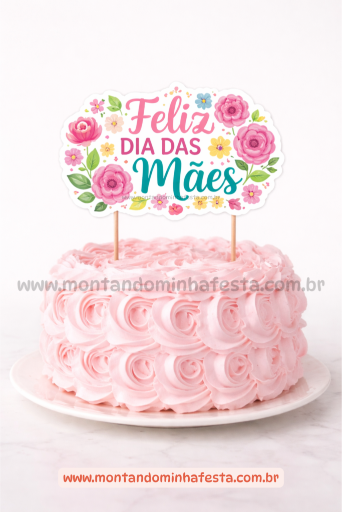 Topo de bolo Dia das Mães com flores coloridas e a frase “Feliz Dia das Mães” em bolo decorado com chantilly rosa