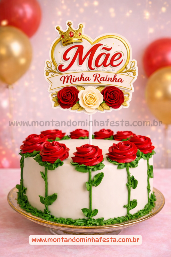 Topo de bolo Dia das Mães “Mãe minha rainha” com coroa dourada em bolo decorado com rosas vermelhas e detalhes elegantes