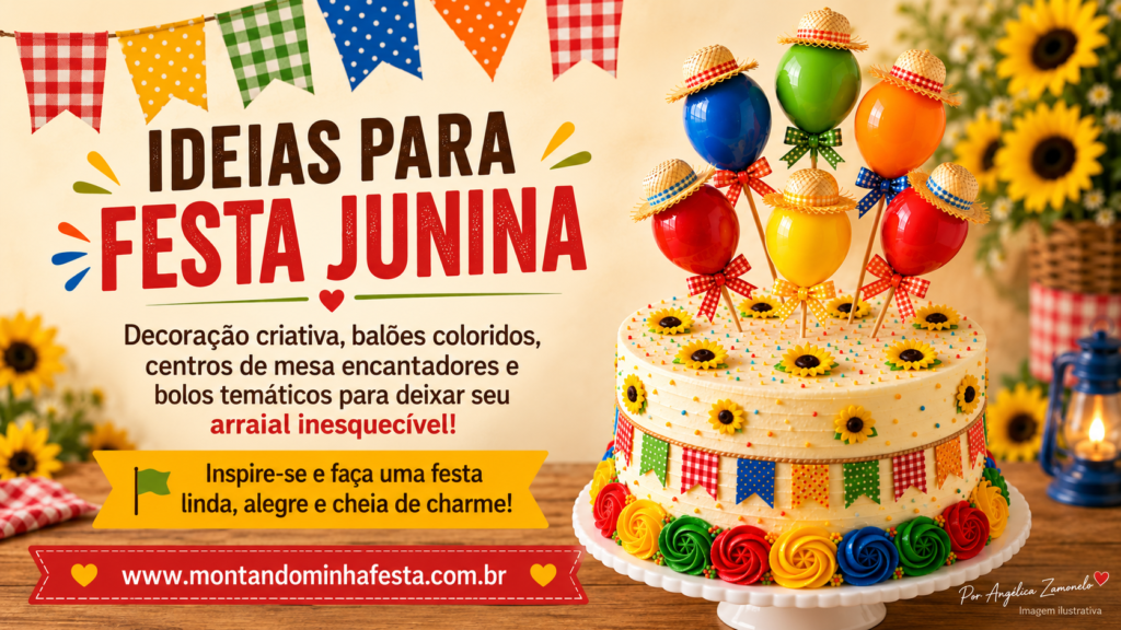 Banner de ideias para festa junina com bolo decorado com girassóis, bandeirinhas e balões coloridos com chapéus de palha.