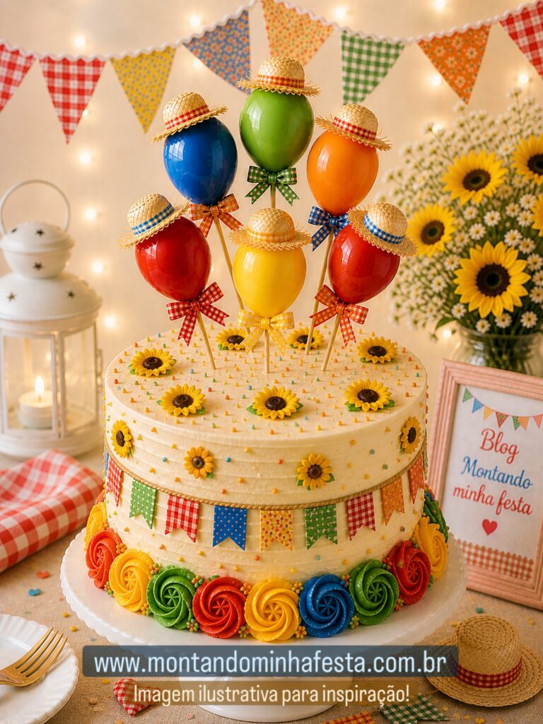 bolo de festa junina decorado com balões coloridos, bandeirinhas e flores em uma decoração alegre e temática
