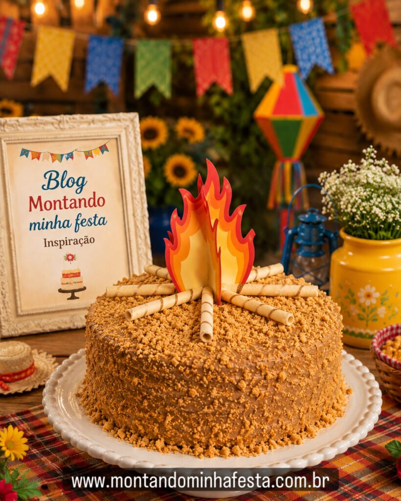 bolo de paçoca para festa junina com cobertura de brigadeiro de paçoca, farelo crocante e decoração de fogueira no topo