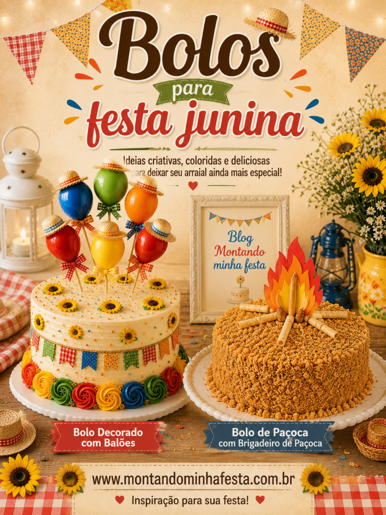 colagem com ideias de bolos para festa junina incluindo bolo decorado com balões e bolo de paçoca temático
