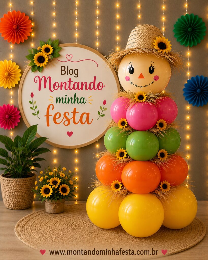 arranjo de balões colorido para festa junina com espantalho, girassóis e decoração artesanal temática