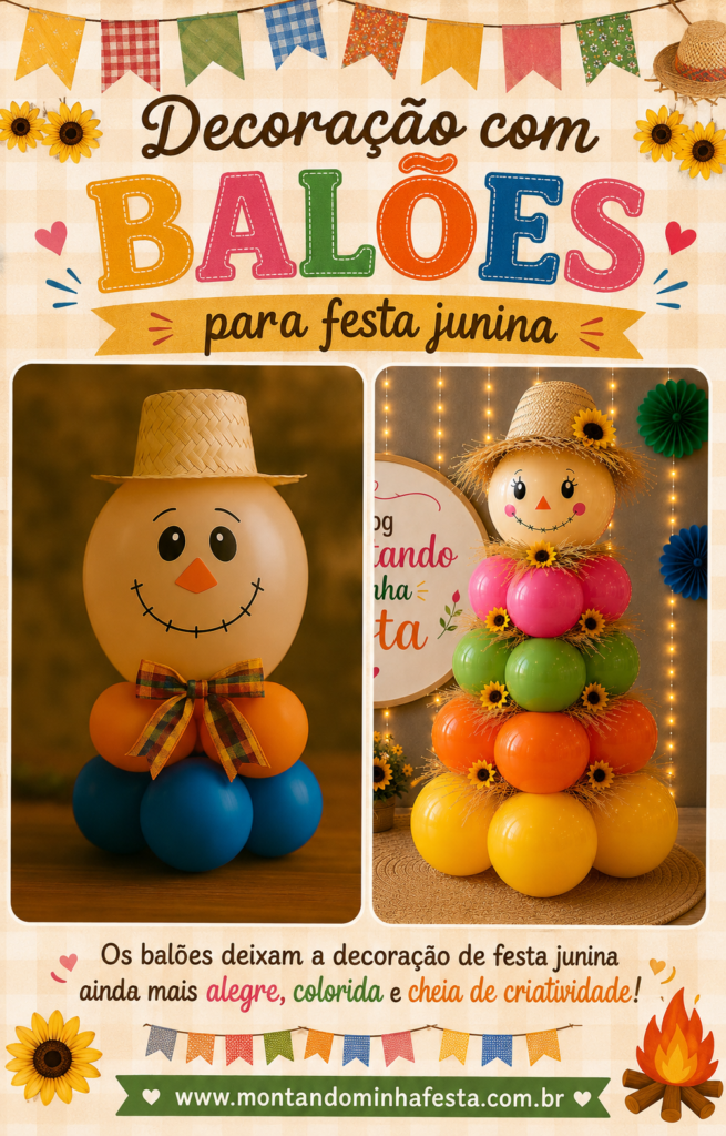 colagem com ideias de decoração com balões para festa junina usando espantalhos, cores vibrantes e elementos artesanais