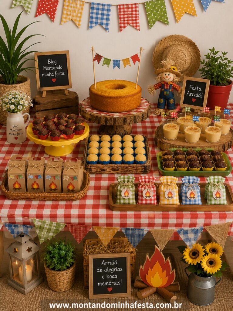 mesa de festa junina simples com bolo caseiro, doces típicos, bandeirinhas coloridas e decoração artesanal em casa
