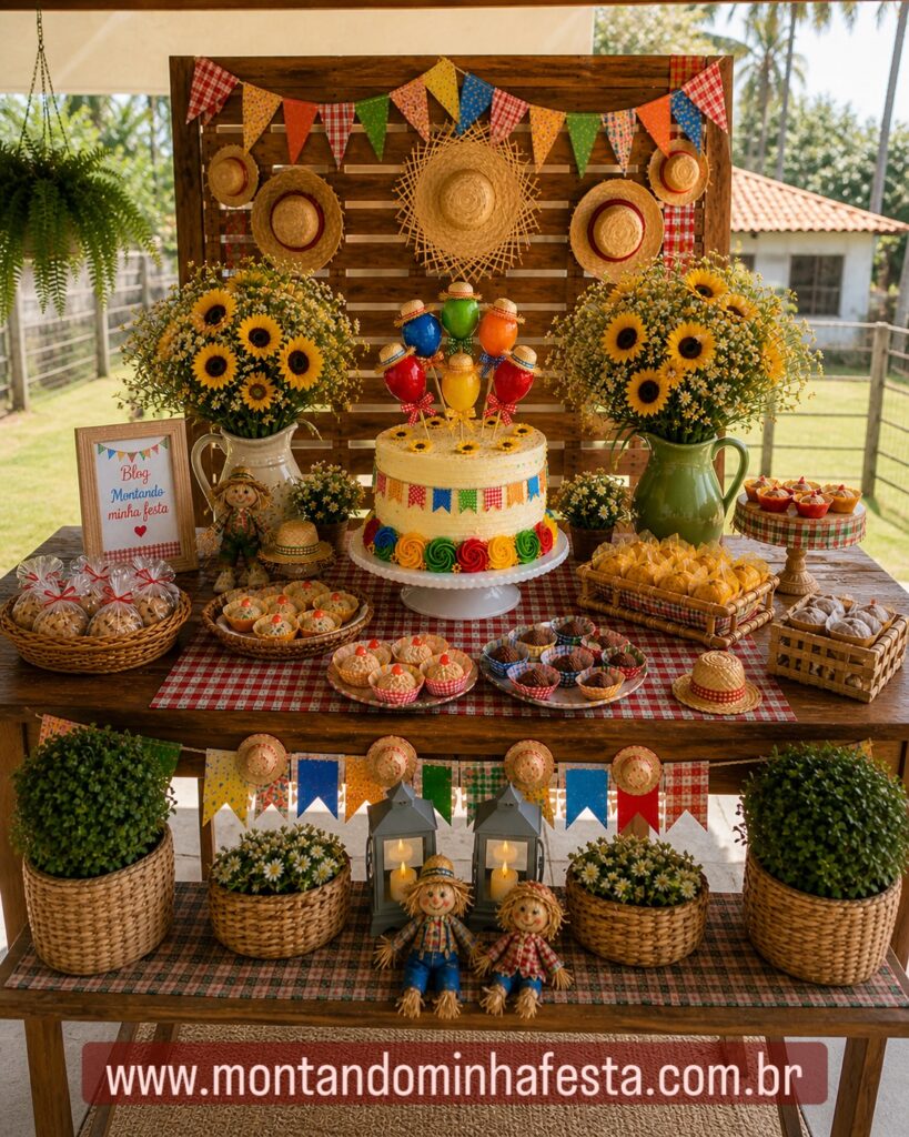 decoração de festa junina simples com painel de madeira, bolo decorado, flores amarelas e bandeirinhas coloridas