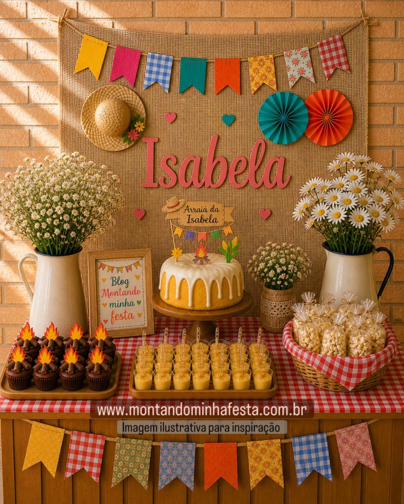 decoração de festa junina feminina com bolo decorado, flores, bandeirinhas coloridas e mesa artesanal simples