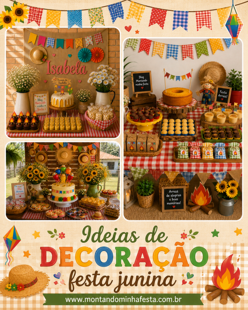 colagem com ideias de decoração de festa junina em casa simples, criativa e artesanal