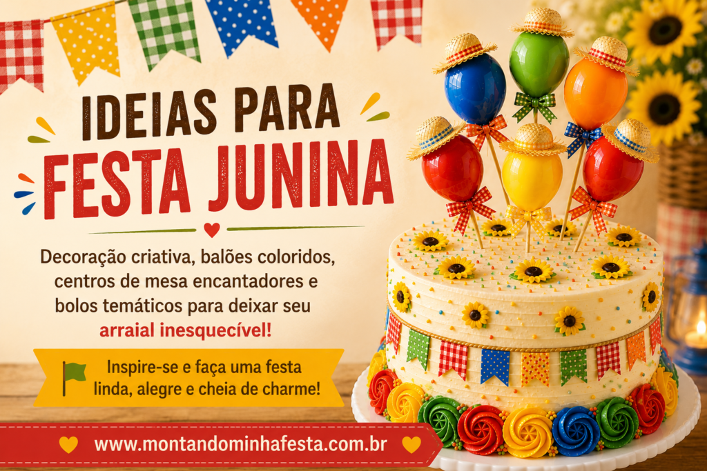 banner com ideias para festa junina em casa mostrando bolo decorado com balões coloridos, bandeirinhas e dicas de decoração junina