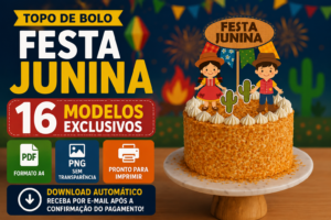 Banner Topo de Bolo Festa Junina com 16 modelos exclusivos em PDF e PNG formato A4 disponível no Blog Montando Minha Festa, com bolo decorado junino e download automático após pagamento.