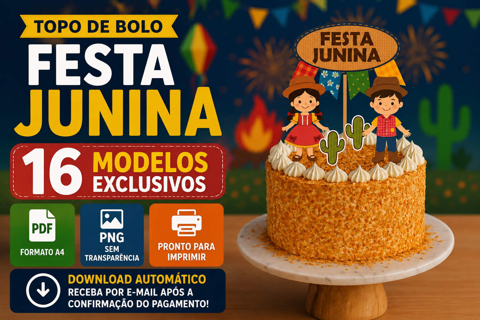 Banner Topo de Bolo Festa Junina com 16 modelos exclusivos em PDF e PNG formato A4 disponível no Blog Montando Minha Festa, com bolo decorado junino e download automático após pagamento.
