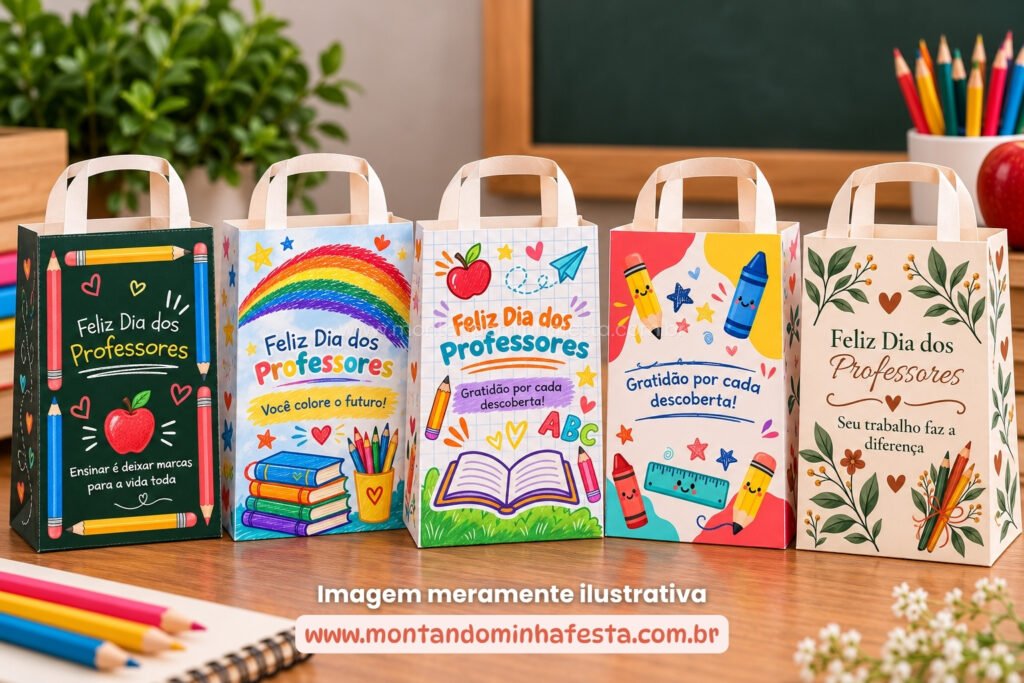 Cinco modelos de sacolinhas Dia dos Professores para imprimir em PDF, com estampas de lousa, arco-íris, caderno, lápis coloridos e flores