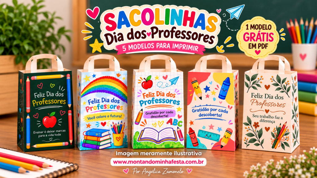 Cinco sacolinhas para o Dia dos Professores com estampas escolares e florais, com destaque para um modelo grátis em PDF.