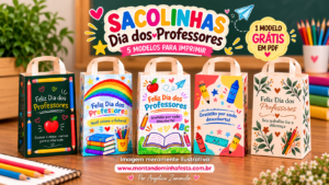 Cinco sacolinhas para o Dia dos Professores com estampas escolares e florais, com destaque para um modelo grátis em PDF.