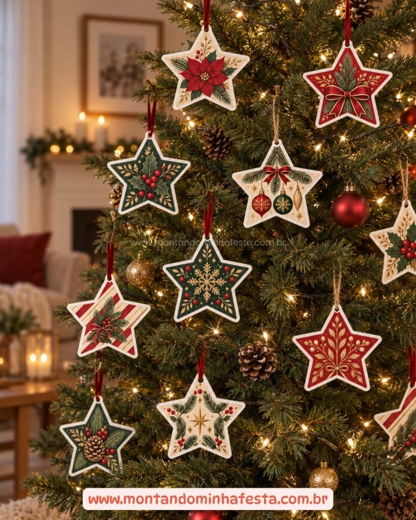 Árvore de Natal decorada com estrelas de papel impressas em verde e vermelho