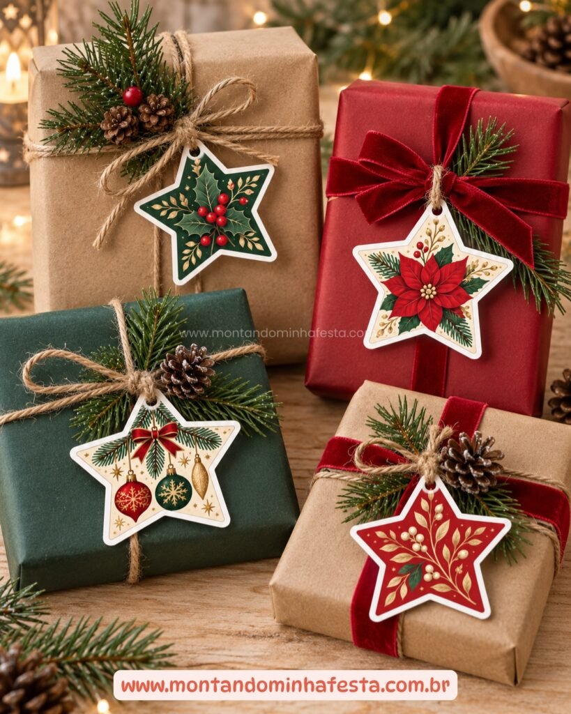 Presentes de Natal decorados com estrelas impressas e ramos de pinheiro