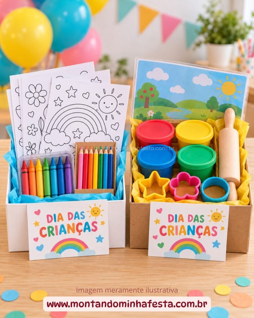 Kit de colorir e kit de massinha de modelar como sugestões de lembrancinhas para o Dia das Crianças.