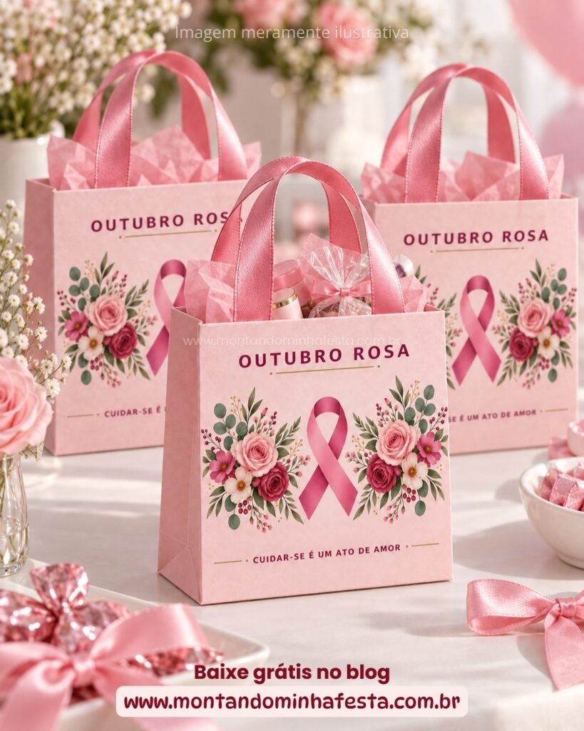 Sacolhinhas Outubro Rosa montadas com alças de fita e lembrancinhas para eventos e campanhas