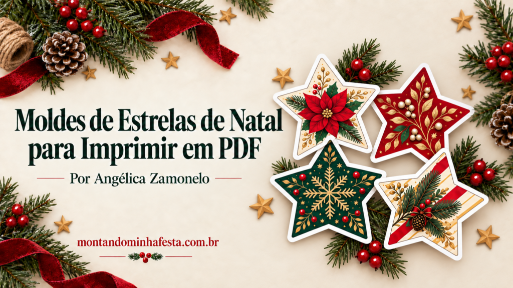 Moldes de estrelas de Natal para imprimir em PDF com quatro modelos decorados em vermelho, verde e dourado.