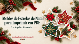 Moldes de estrelas de Natal para imprimir em PDF com quatro modelos decorados em vermelho, verde e dourado.