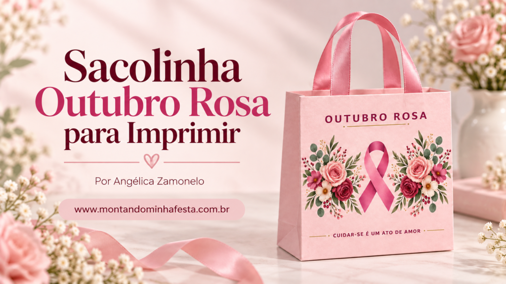 Sacolinha Outubro Rosa pronta com alças de fita e molde gratuito para baixar no blog Montando Minha Festa