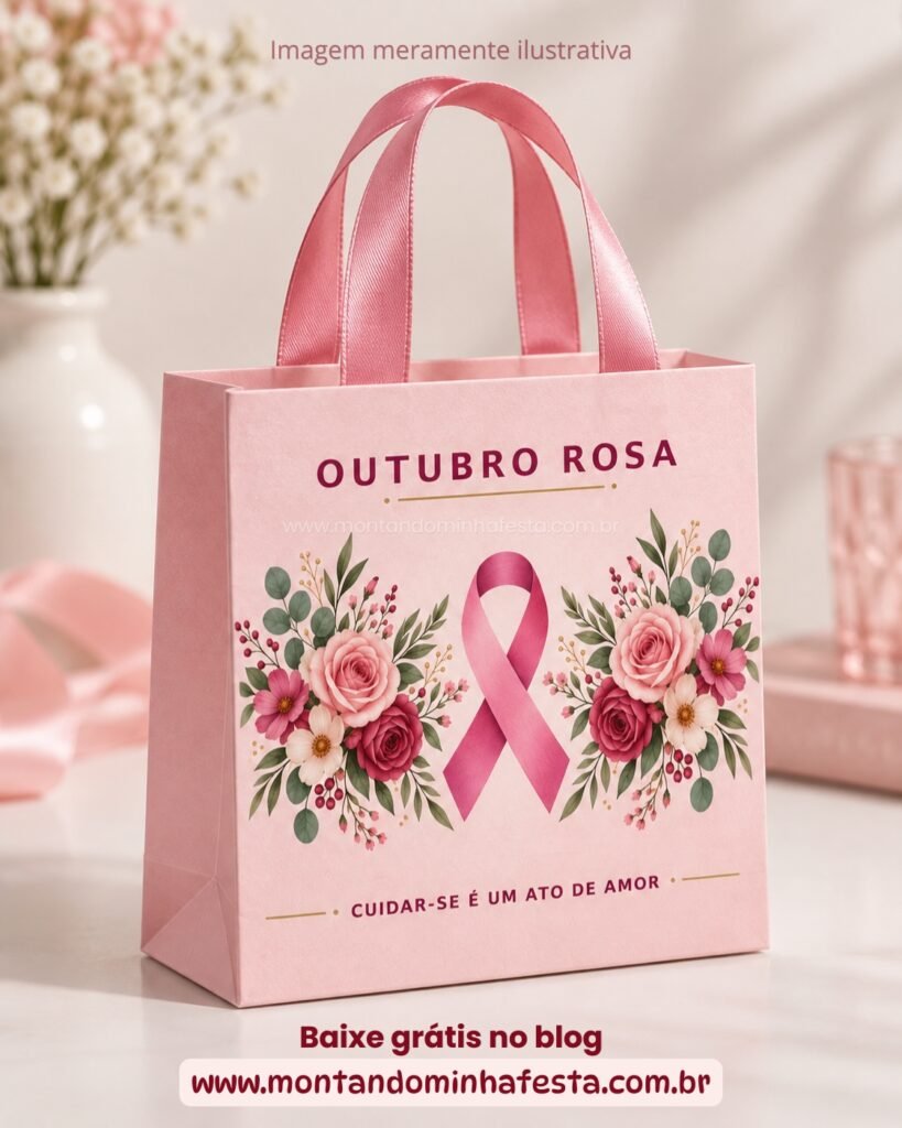 Sacolinha Outubro Rosa pronta com flores, laço rosa e alças de fita coladas por dentro