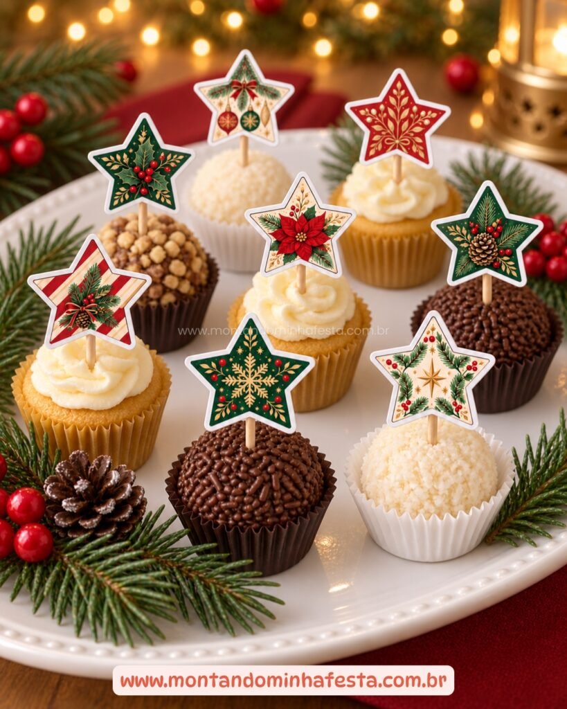 Docinhos de Natal decorados com pequenos toppers de estrelas impressas