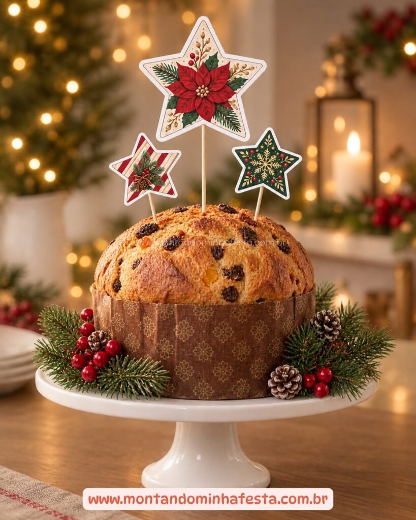 Panetone decorado com estrelas natalinas impressas em palitos de madeira