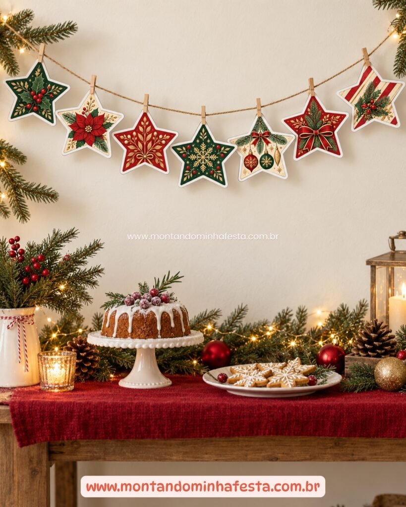 Varal com estrelas natalinas impressas decorando uma mesa de festa de Natal