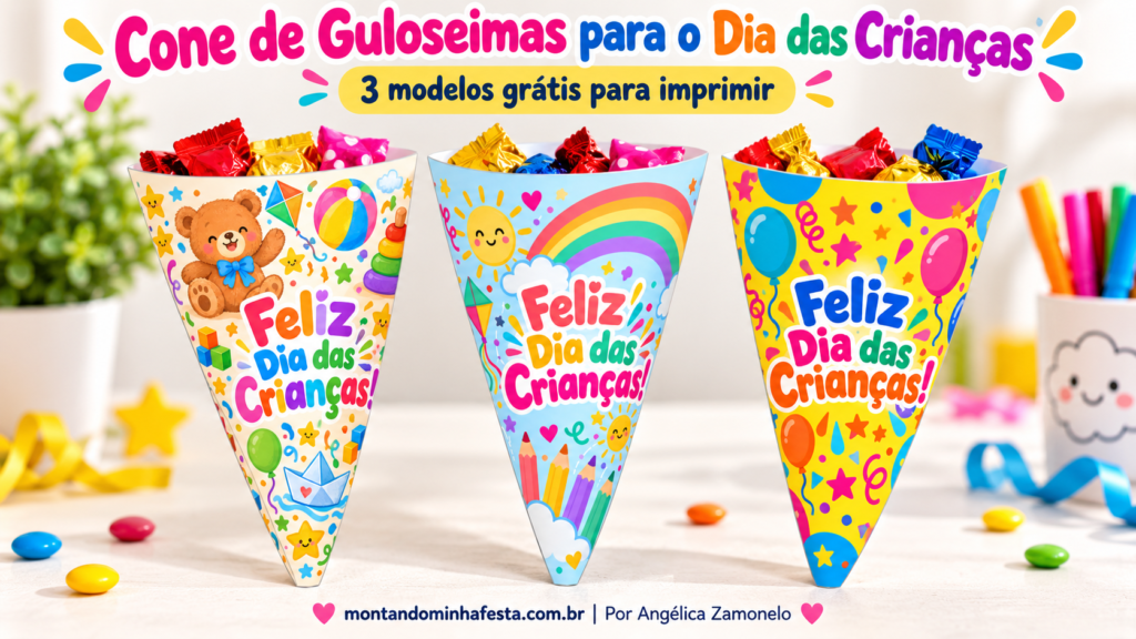 Três cones de guloseimas montados para o Dia das Crianças, com estampas de ursinho, arco-íris e balões.