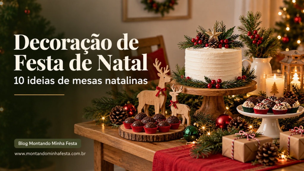 Decoração de festa de Natal com mesa de doces, bolo, renas, pinhas e bolas natalinas