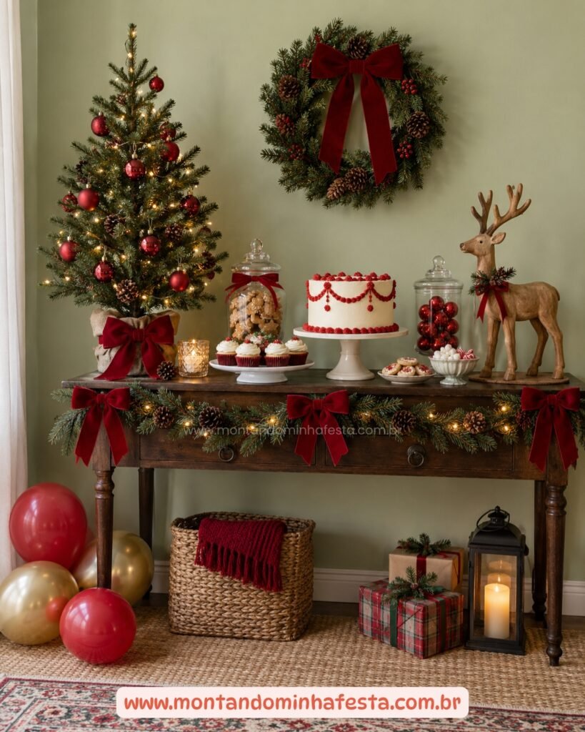 Decoração tradicional de Natal com árvore, rena de madeira, bolo e doces