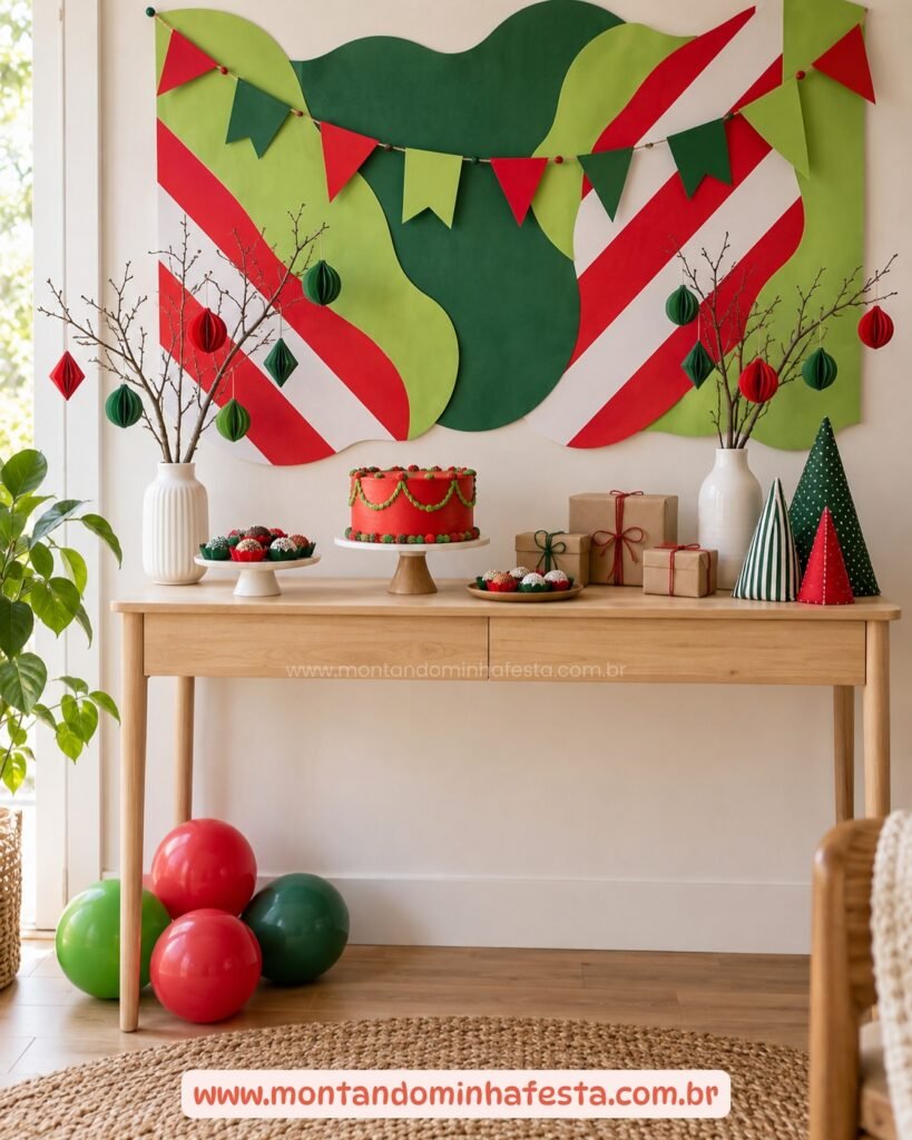 Decoração de Natal clean com painel de papel verde e vermelho e mesa de madeira