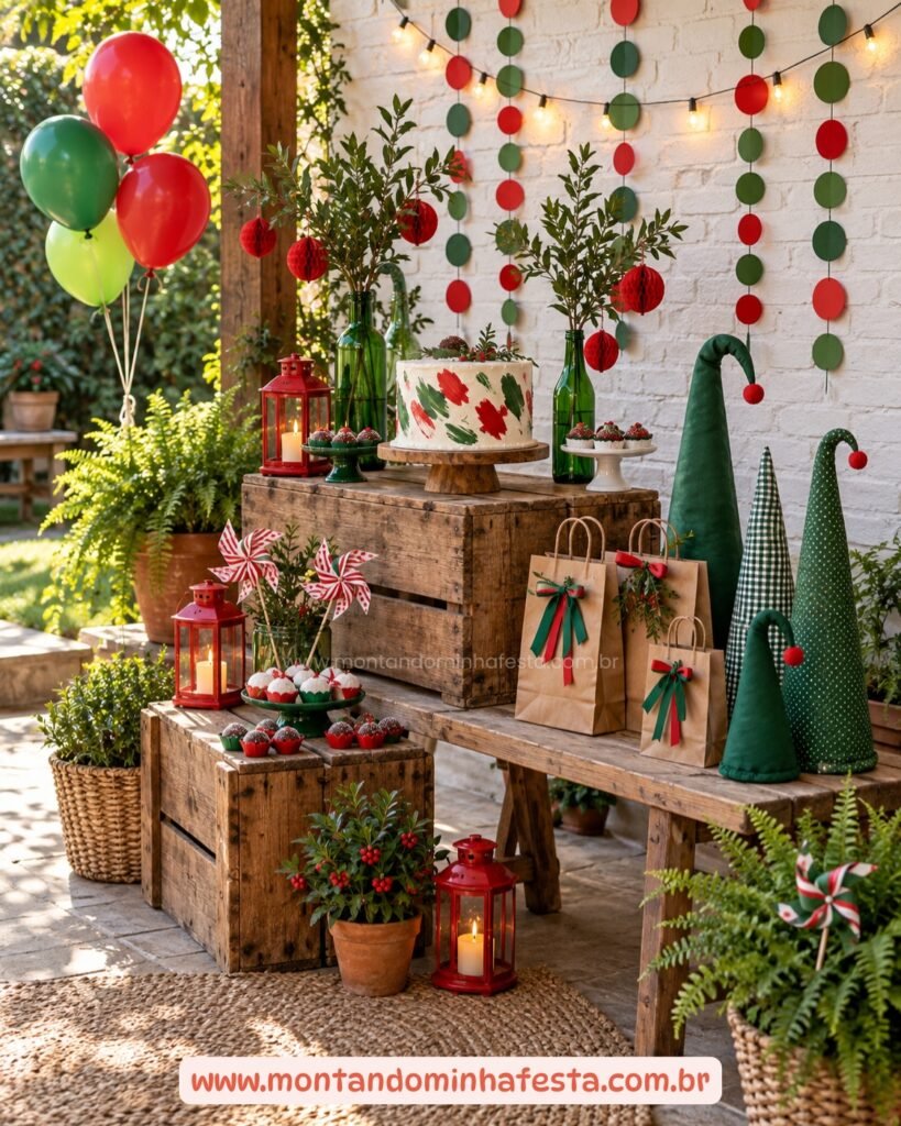 Decoração de Natal rústica com caixotes de madeira, plantas e enfeites verdes e vermelhos