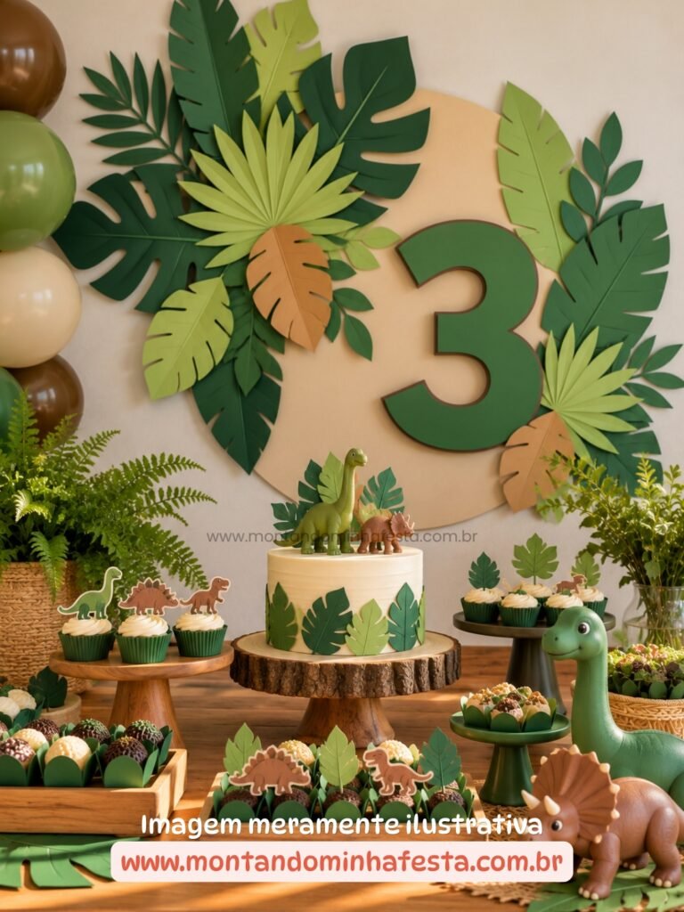 Decoração de festa infantil tema dinossauros com painel de folhagens de papel em tons de verde, número 3, balões, bolo temático e mesa de doces com dinossauros.